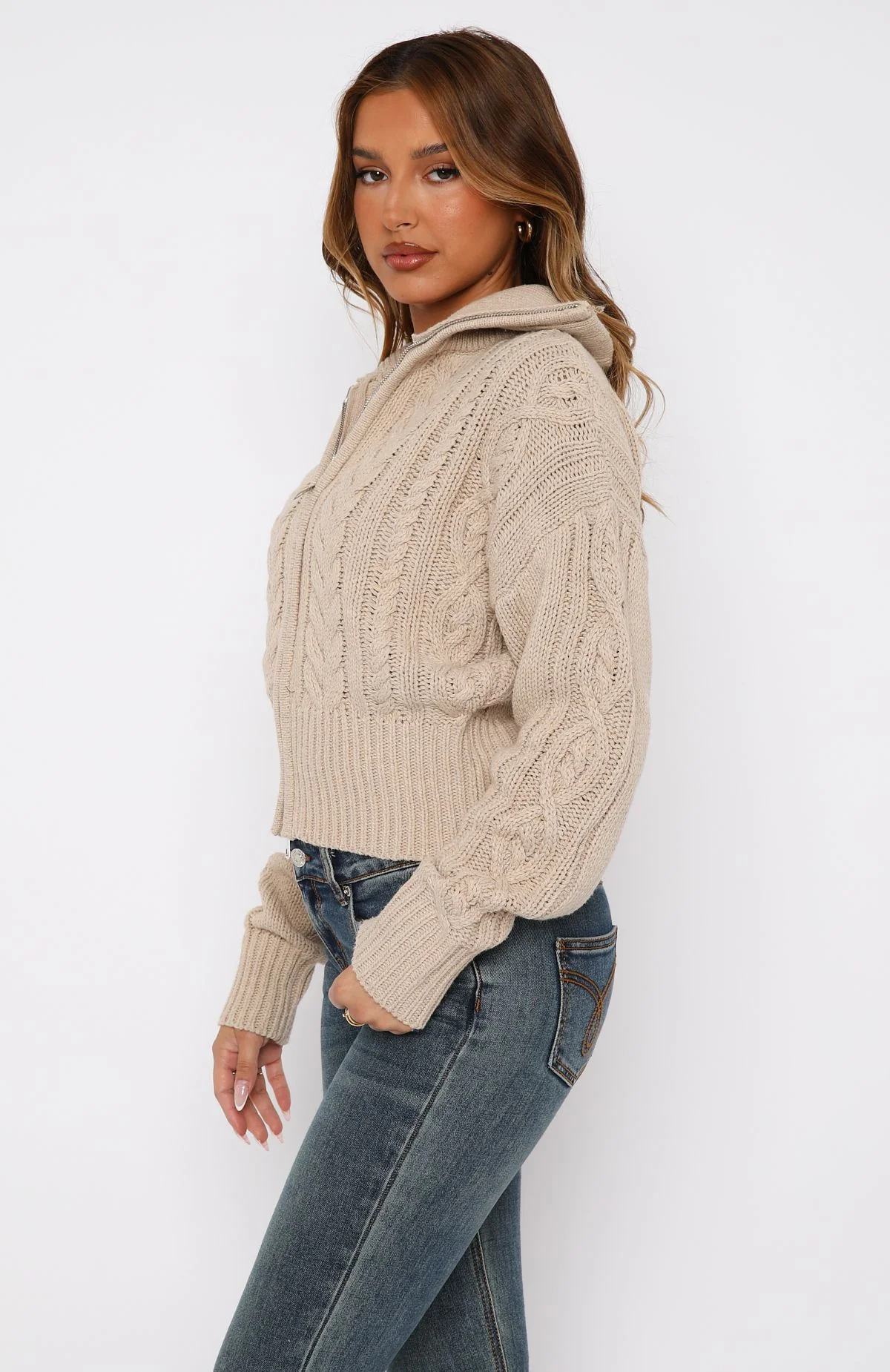 All At Once Zip Front Knit Sweater Oat - Image 3