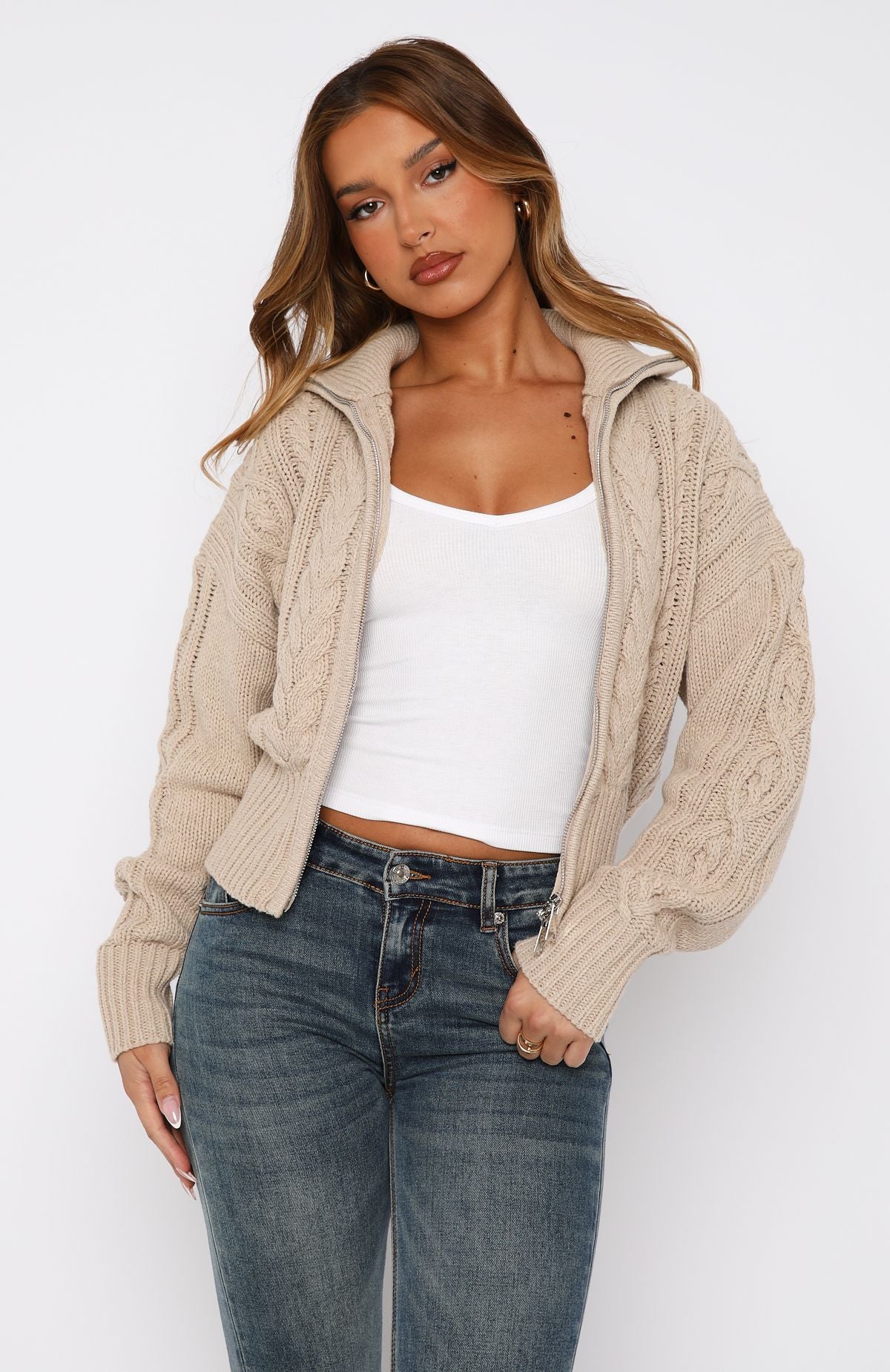 All At Once Zip Front Knit Sweater Oat - Image 5