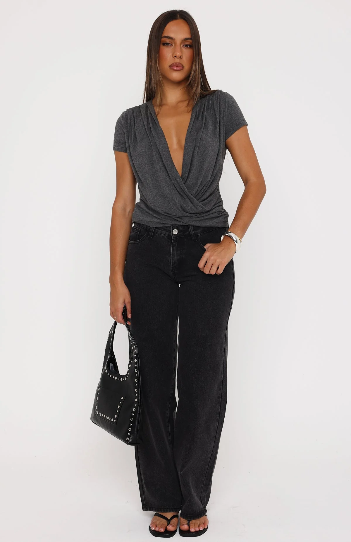 Almost Told You Short Sleeve Cowl Neck Top Charcoal Marle - Image 6