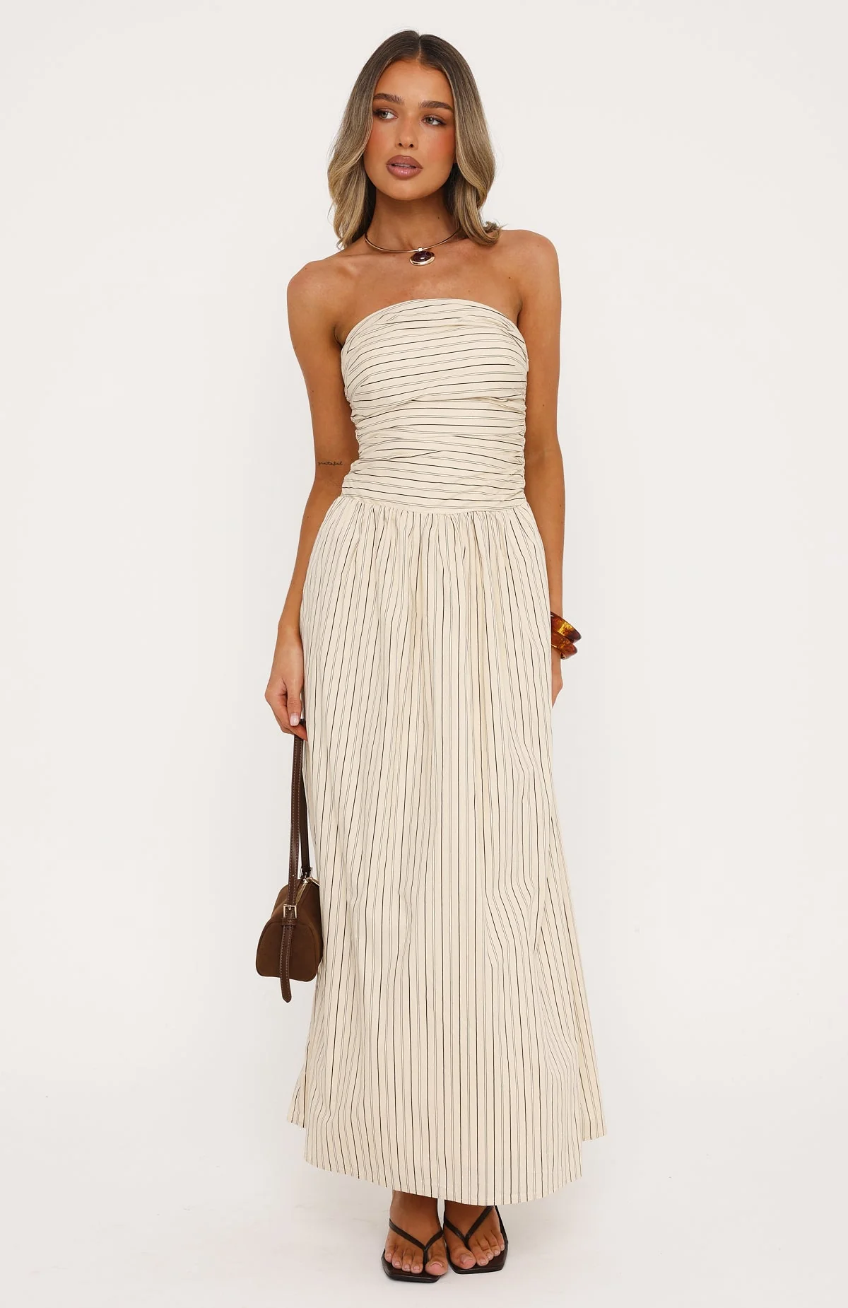 Blush Of Fate Strapless Maxi Dress Cream/Chocolate Stripe - Image 2