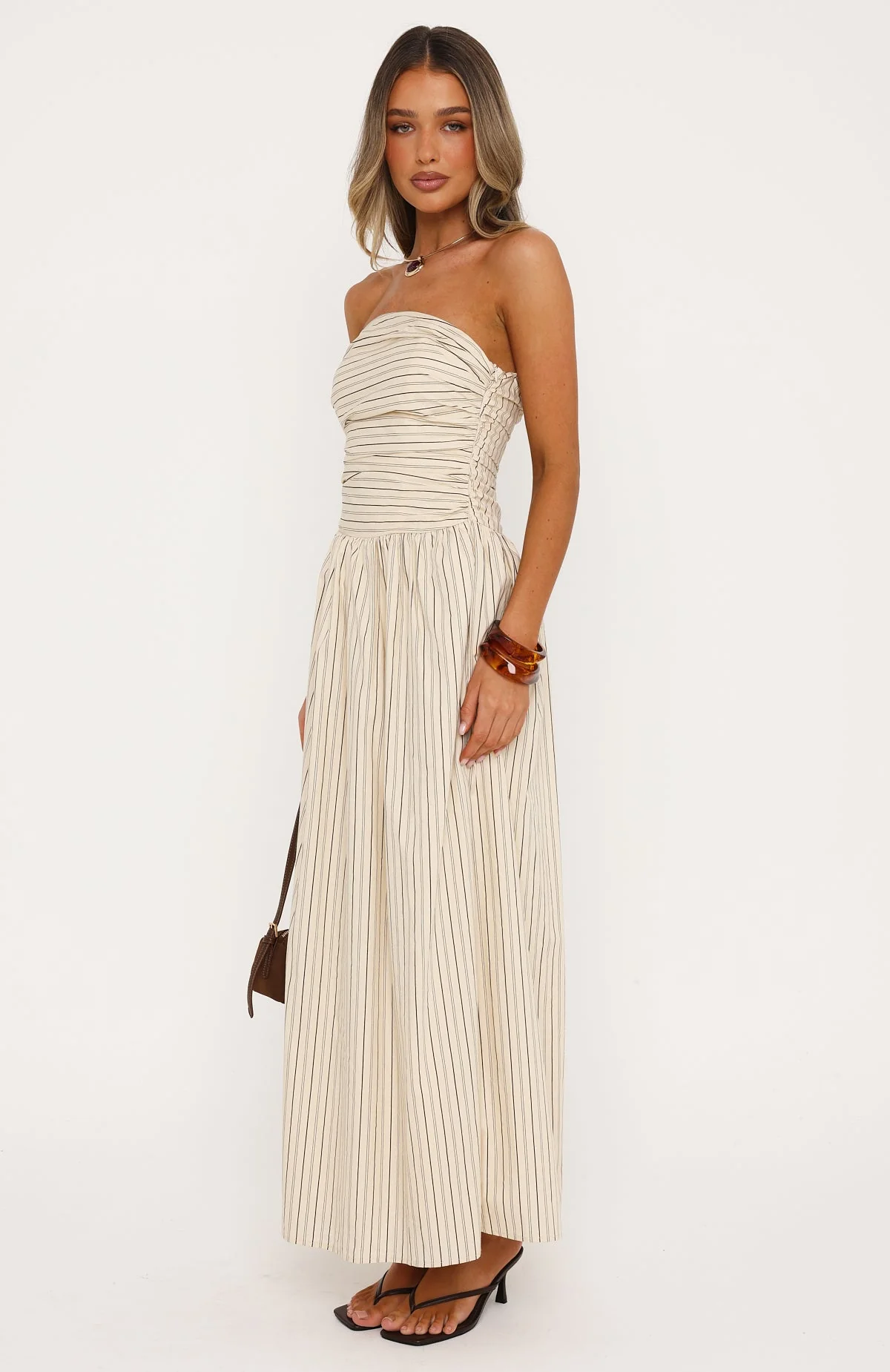 Blush Of Fate Strapless Maxi Dress Cream/Chocolate Stripe - Image 3