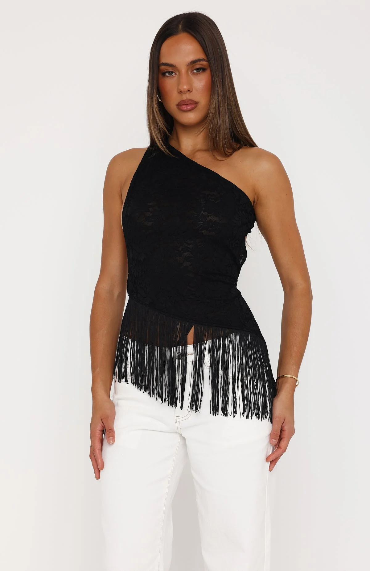 Even Better One Shoulder Fringe Top Black - Image 3