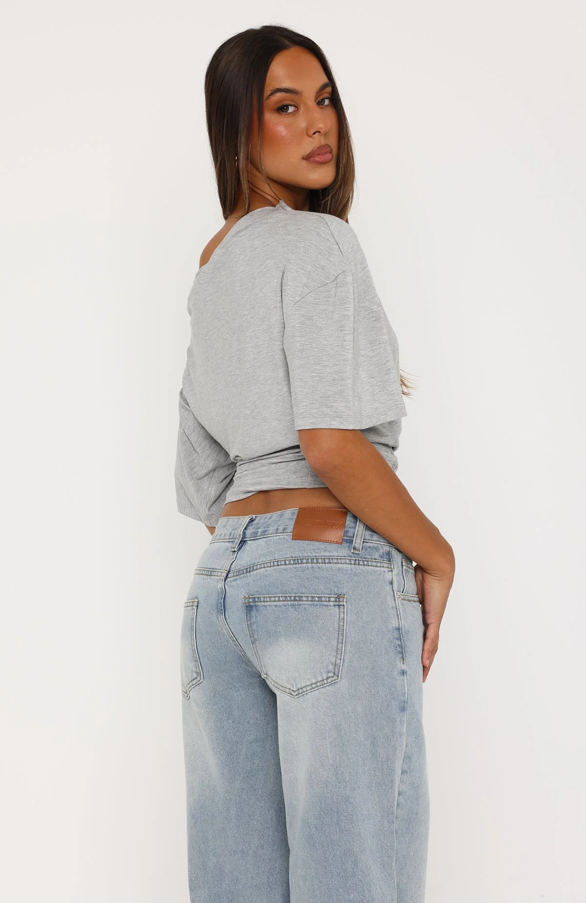Hype Girl Cinched Waist Off Shoulder Top Grey Marle - Image 4