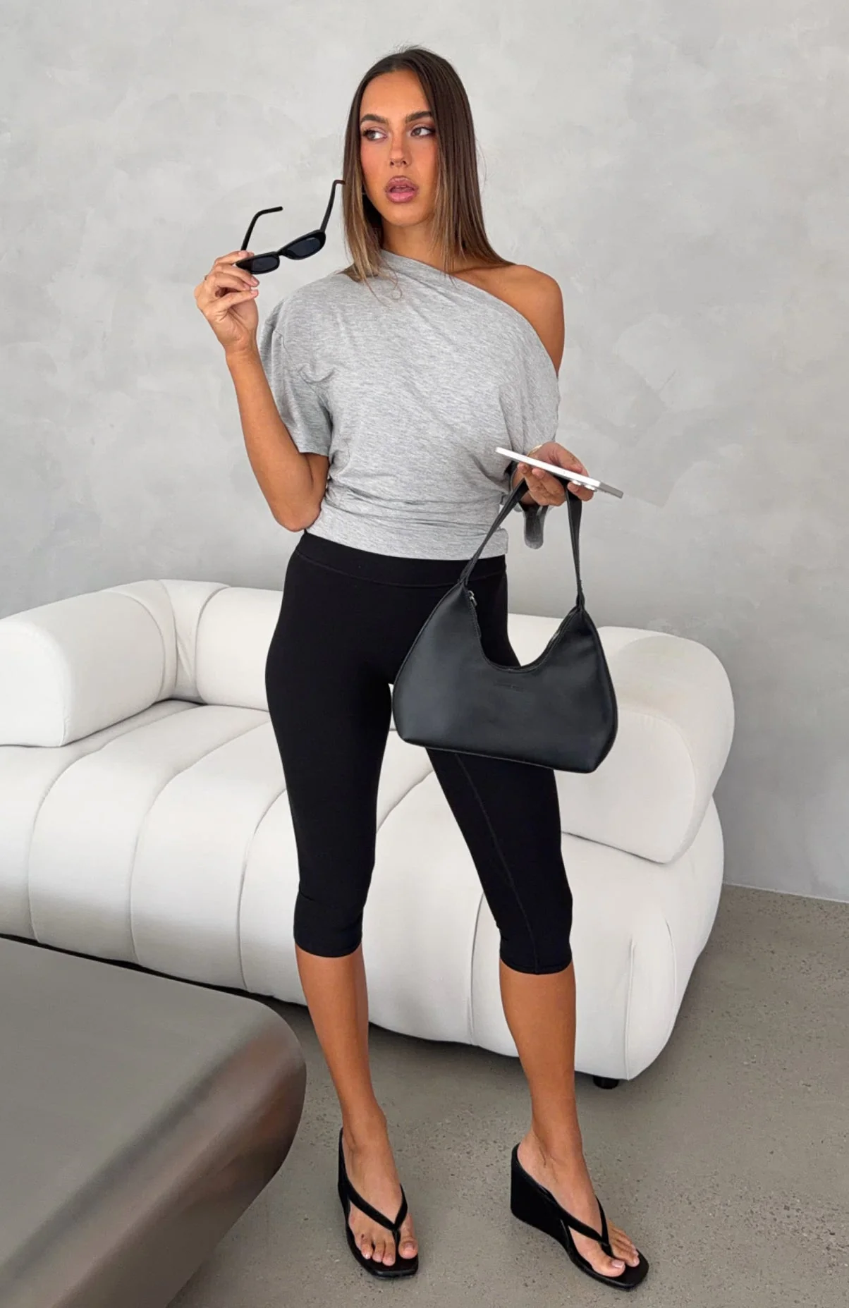 Hype Girl Cinched Waist Off Shoulder Top Grey Marle - Image 7