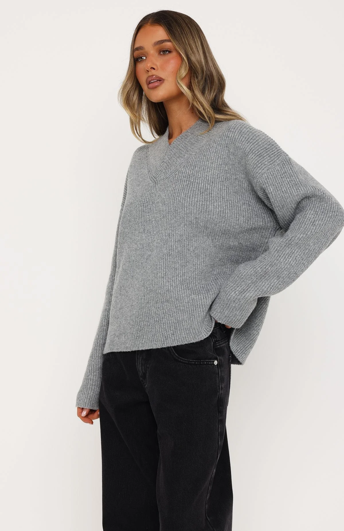 Luzia V Neck Knit Sweater Grey - Image 3