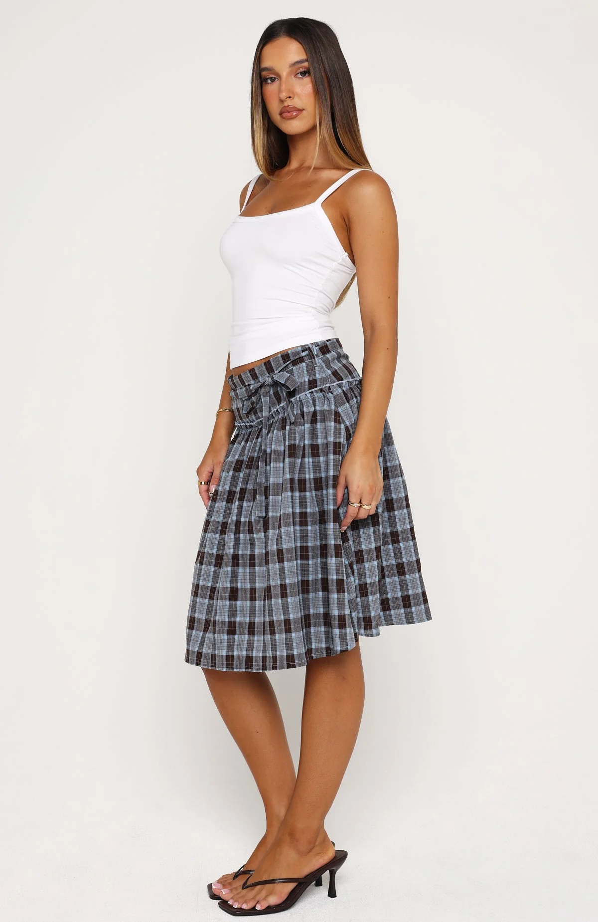 Make You Blush Midi Skirt Blue/Chocolate Check - Image 3