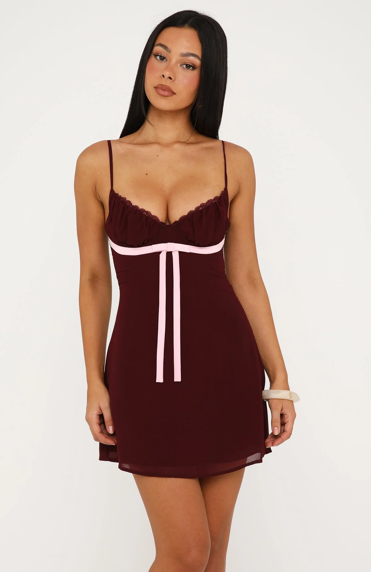 Making Statements Mini Dress Burgundy/Baby Pink - Image 5