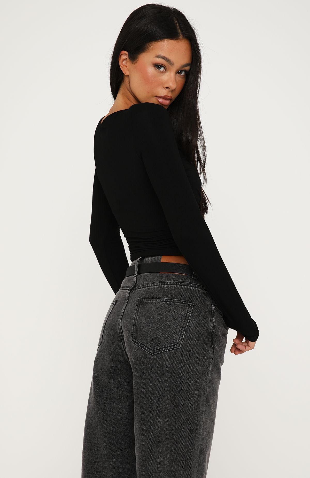 Sparks Fly Cinched Waist Off Shoulder Long Sleeve Top Black - Image 4