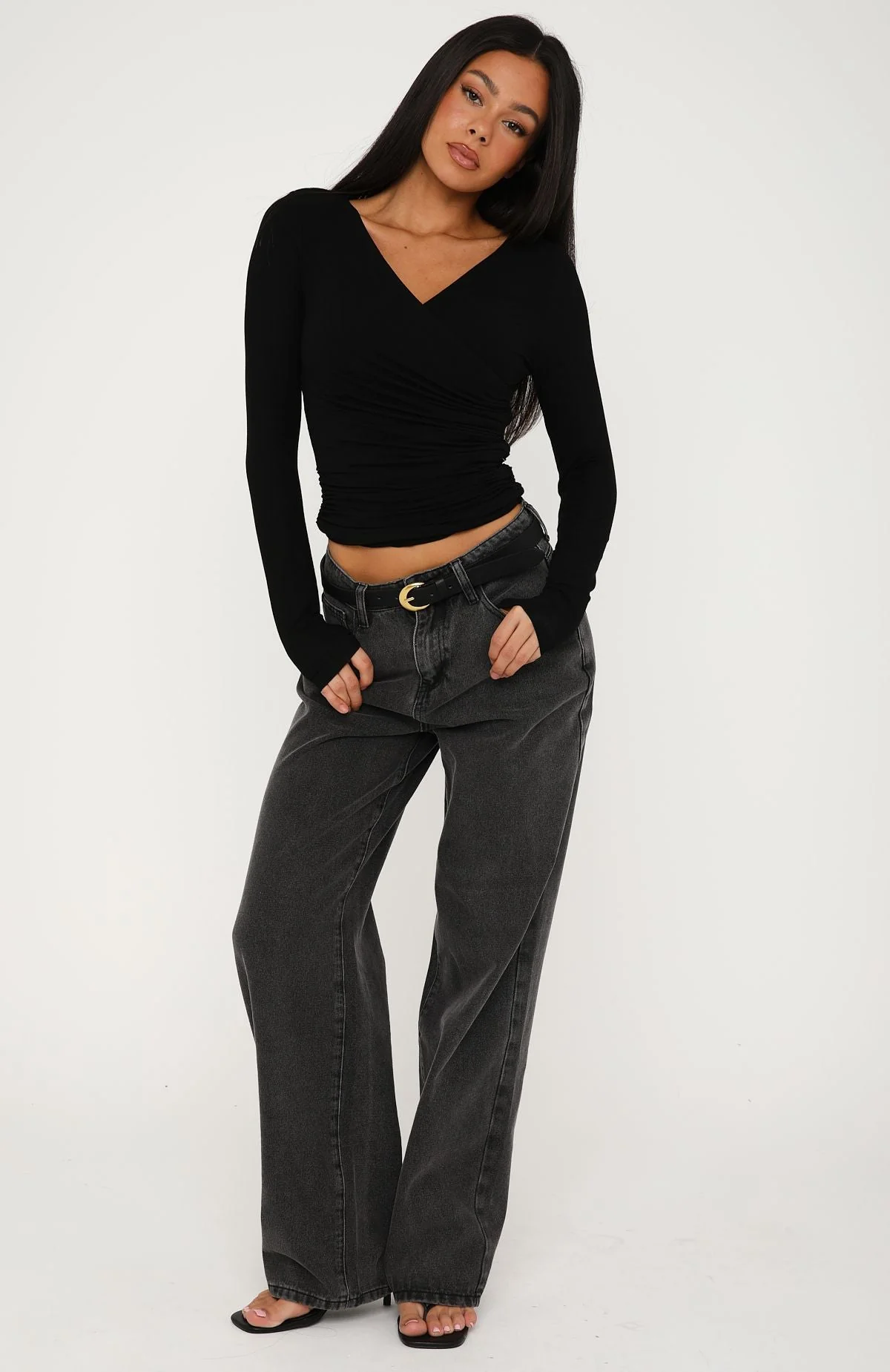 Sparks Fly Cinched Waist Off Shoulder Long Sleeve Top Black - Image 5