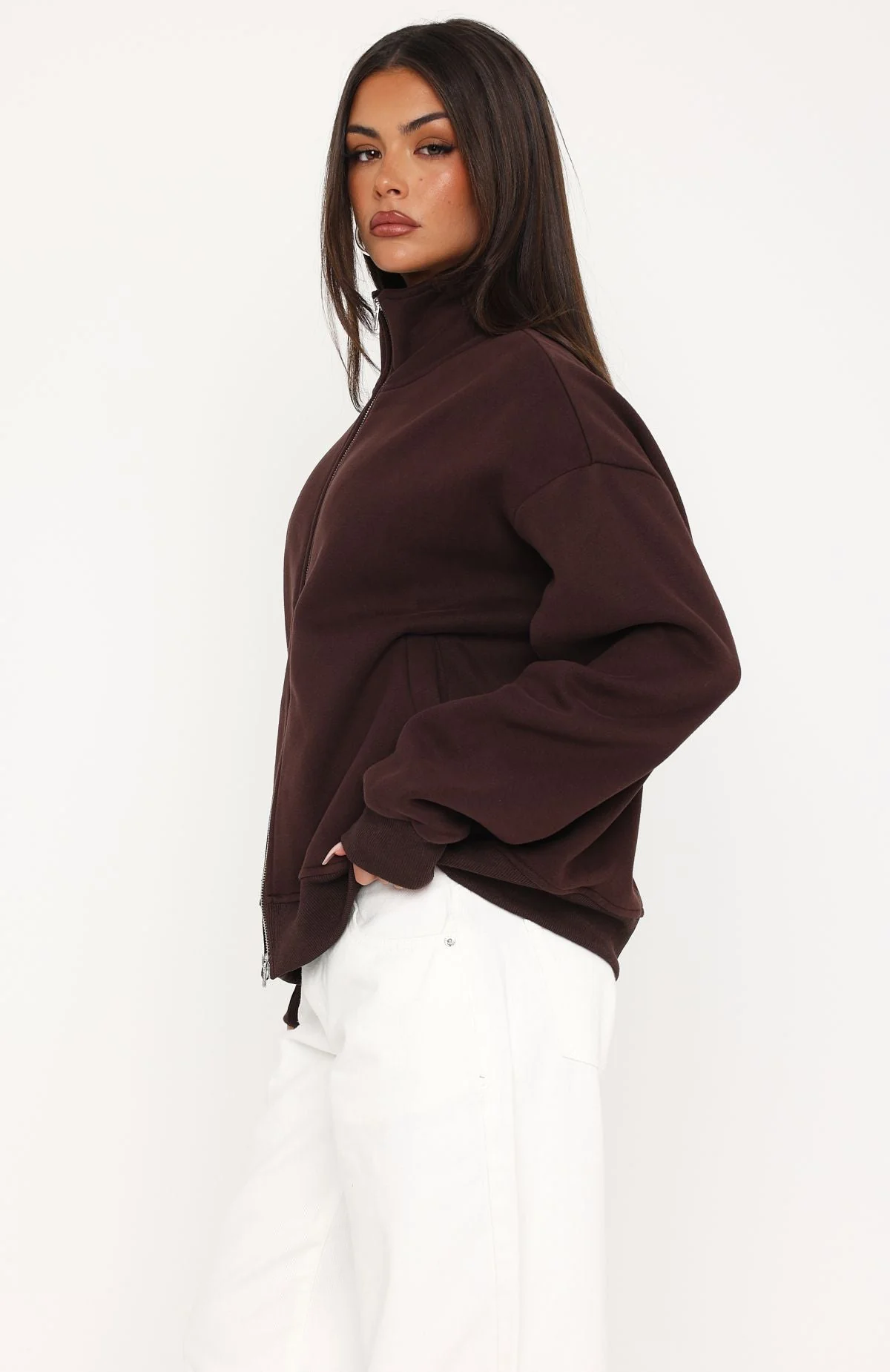 Such A Dream Oversized Zip Front Funnel Neck Jacket Chocolate - Image 3