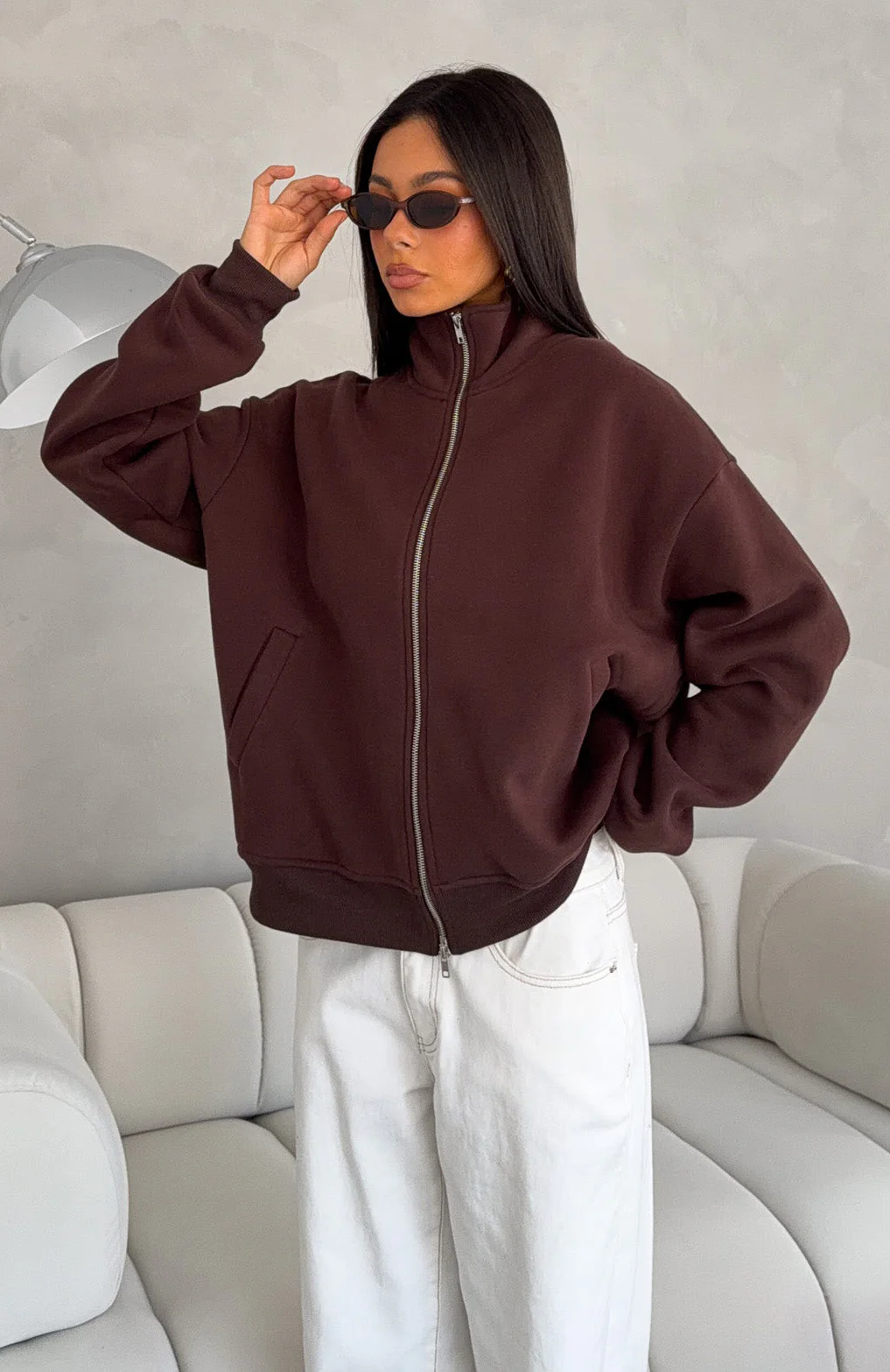 Such A Dream Oversized Zip Front Funnel Neck Jacket Chocolate - Image 5