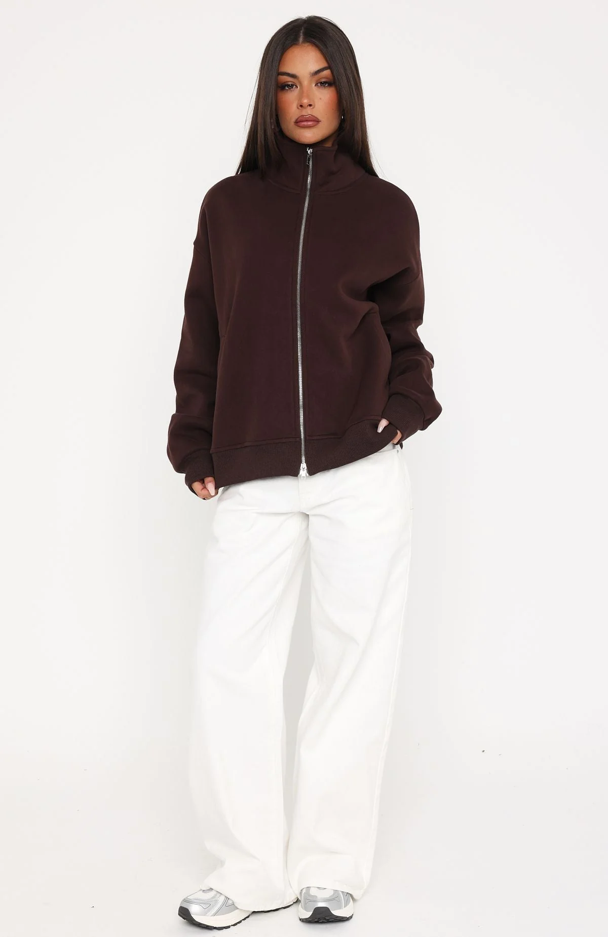 Such A Dream Oversized Zip Front Funnel Neck Jacket Chocolate - Image 6